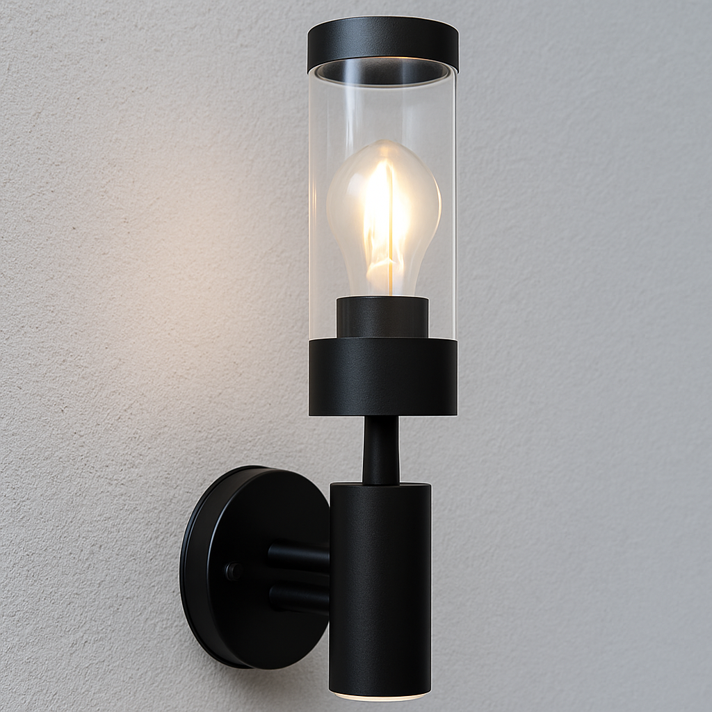 Außenwandlampe in Schwarz mit sichtbarer Glühbirne – installiert an Hausfassade