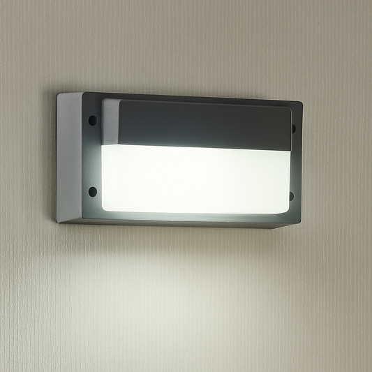 Rechteckige schwarze Außenlampe montiert an heller Hauswand