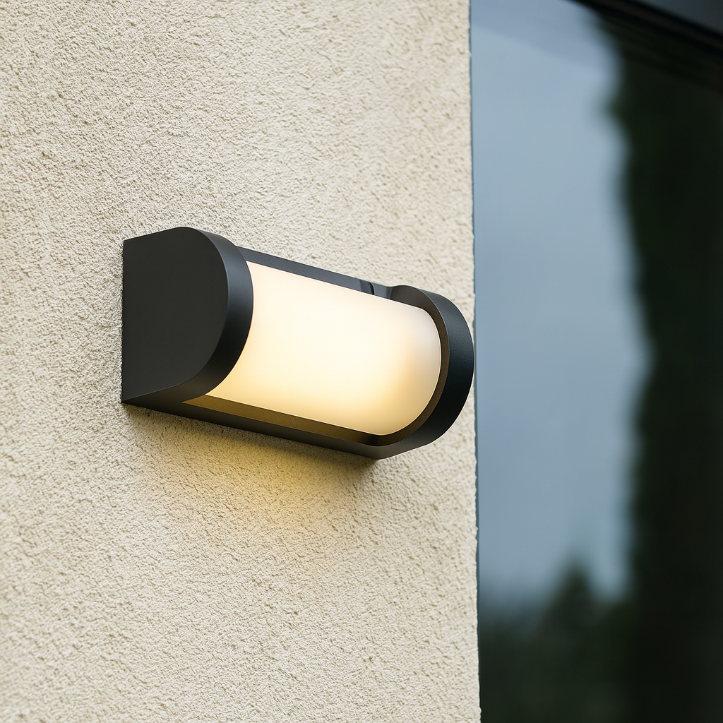 Wetterfeste Außenwandleuchte in Anthrazit, montiert an einer modernen Hauswand bei Tageslicht.
