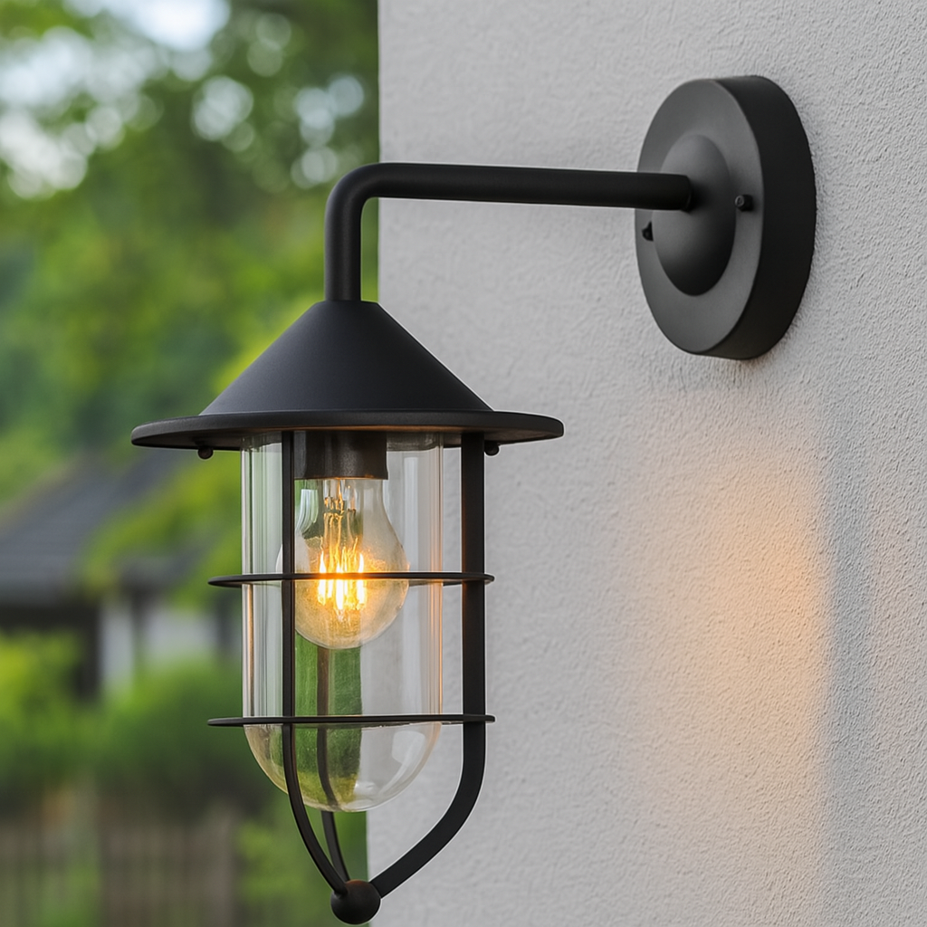 Industrielle Außenwandleuchte mit Glas und E27-Leuchtmittel, montiert an einer modernen Hausfassade