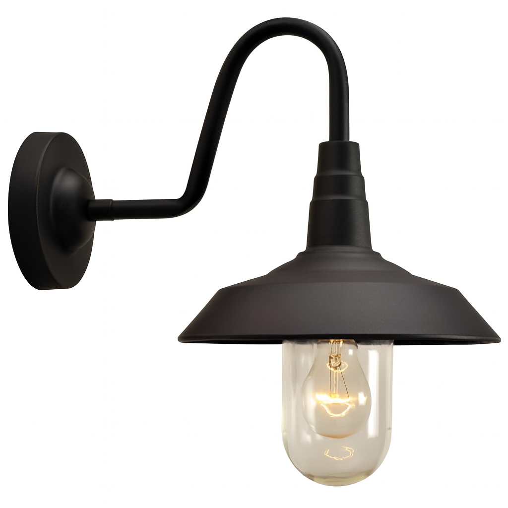 Schwarze Außenlampe im klassischen Design mit nach unten gerichtetem Leuchtmittel und Glasabdeckung