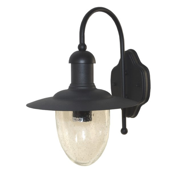 Nahaufnahme einer schwarzen Außenleuchte mit gebogenem Arm und leerem Blasenglas-Schirm ohne eingesetzte Glühbirne