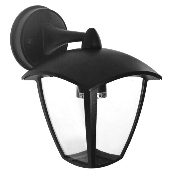 Detaillierte Ansicht einer schwarzen Wandaußenlampe ohne Glühbirne, betont das klassische Gehäusedesign
