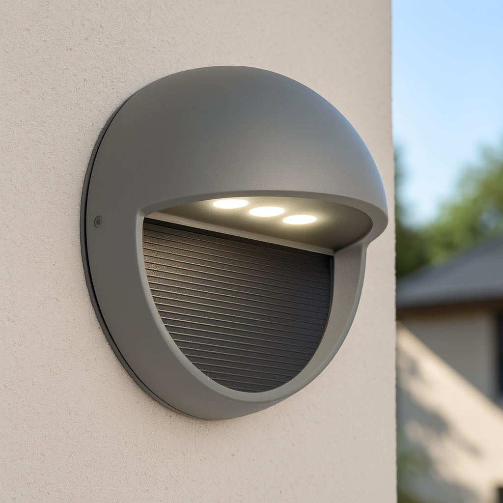 Moderne runde Außenlampe mit LED in grauer Ausführung, montiert an einer Hausfassade