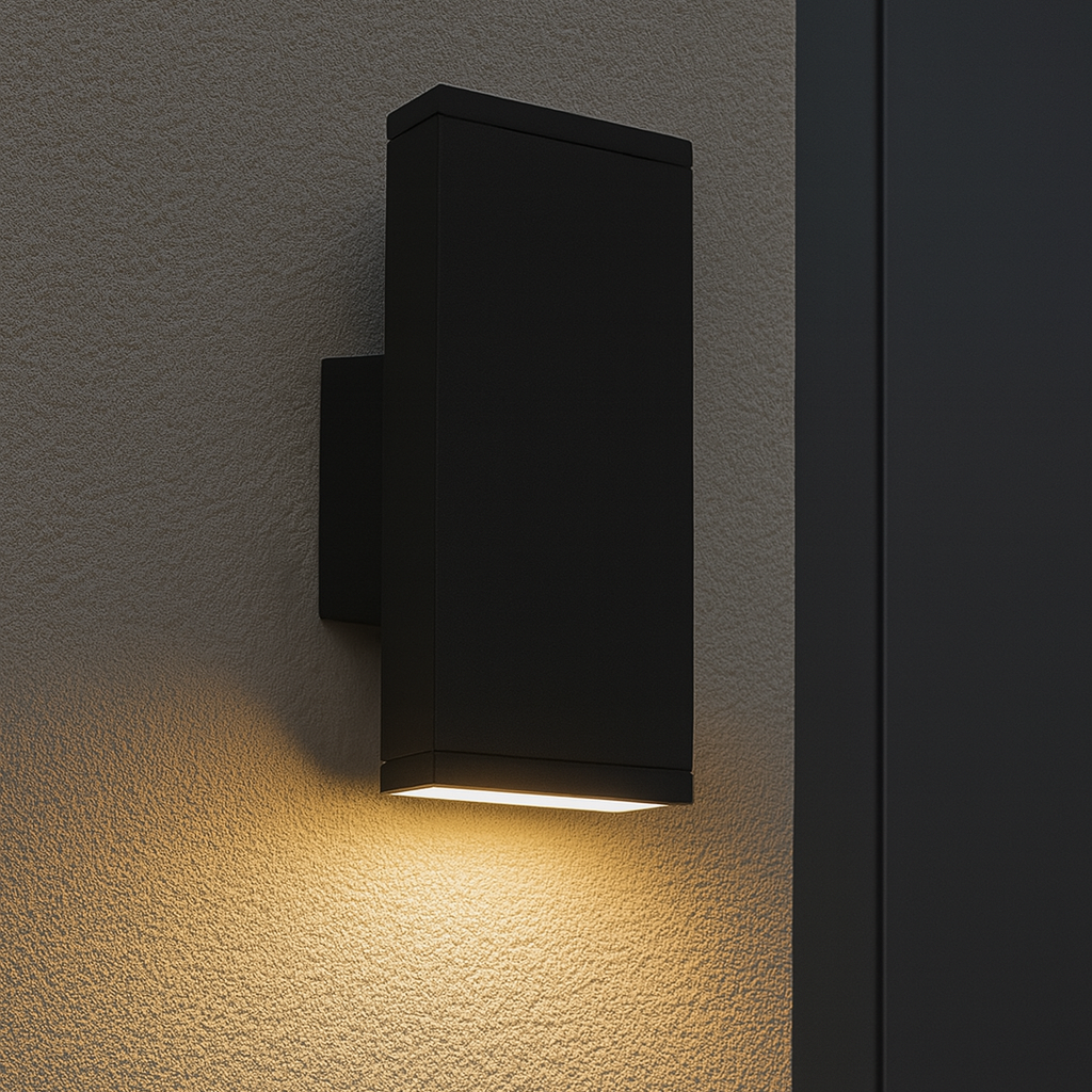 Moderne schwarze LED-Wandleuchte, die warmweißes Licht nach unten auf eine Fassade strahlt