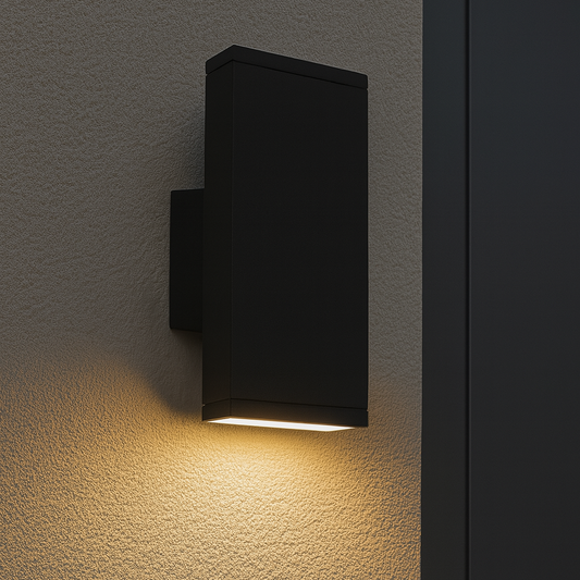 Moderne schwarze LED-Wandleuchte, die warmweißes Licht nach unten auf eine Fassade strahlt