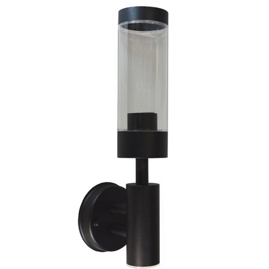 Moderne schwarze Außenwandleuchte mit Glaszylinder – Nahaufnahme ohne Glühbirne