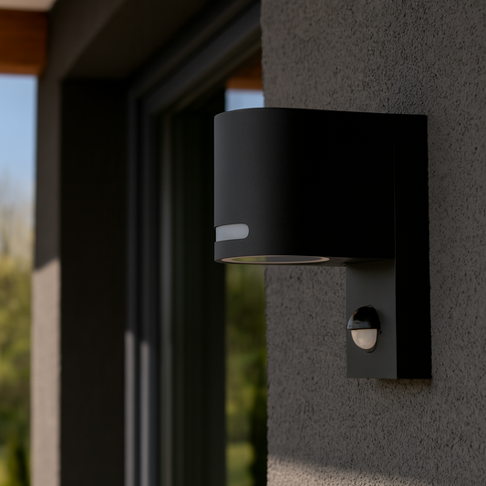 Eine moderne schwarze Wandleuchte mit integriertem Bewegungssensor, montiert an einer Hausfassade.
