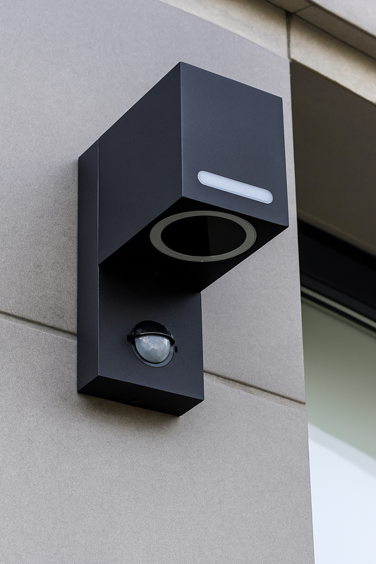 Moderne schwarze Außenwandleuchte mit Bewegungssensor an einer Hausfassade, seitliche Perspektive