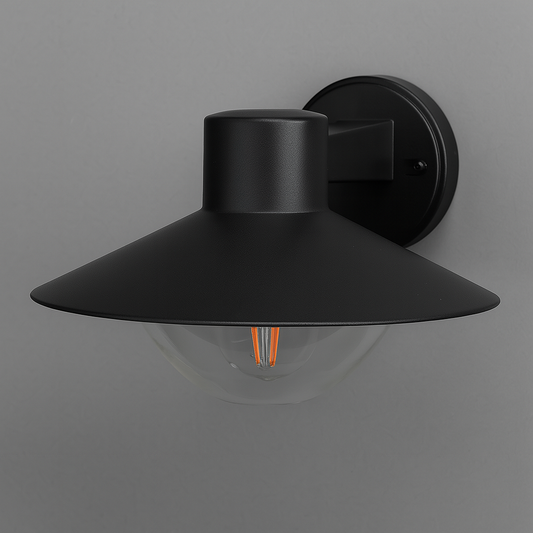 Außenbeleuchtung in Schwarz mit klarem Glas und Glühbirne an einer Wand montiert