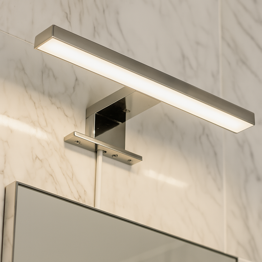 Eine moderne LED-Badleuchte aus gebürstetem Edelstahl, montiert über einem Badezimmerspiegel – stilvoll und funktional.