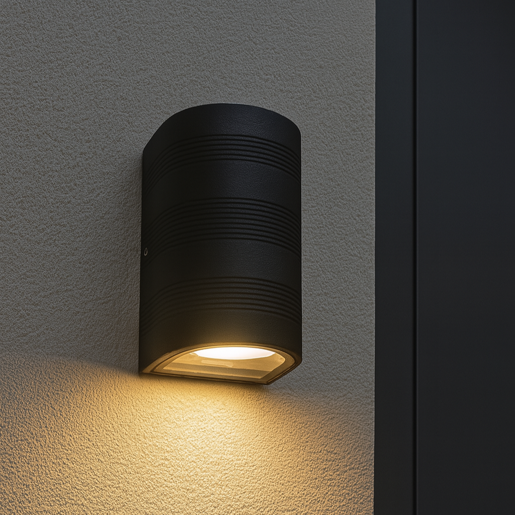 Schwarze Außenwandleuchte in Halbzylinderform mit gerichtetem Licht nach unten an Hausfassade montiert