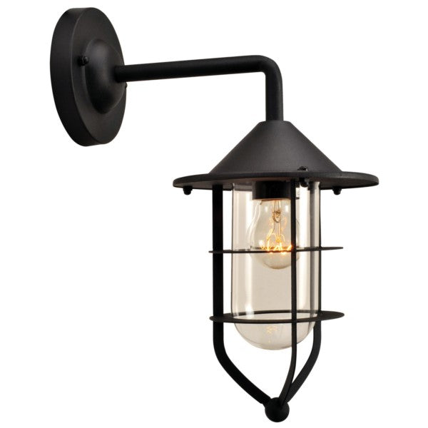 Schwarze Wandleuchte mit sichtbarer Glühbirne und klarer Lichtverteilung im Außenbereich