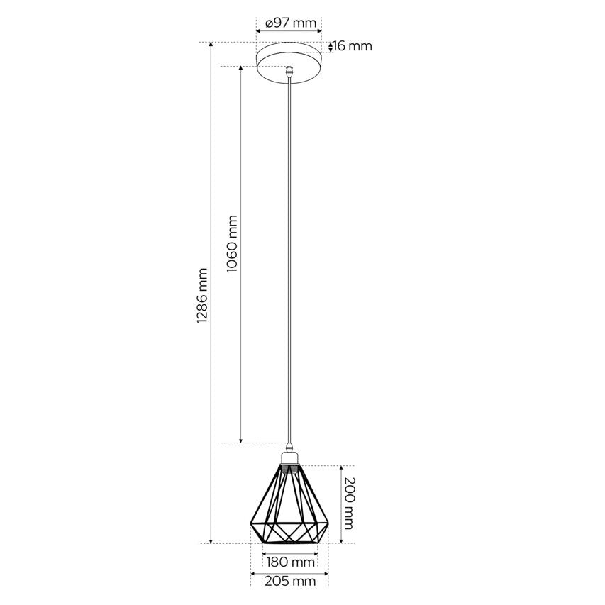 Skizze mit Maßen in mm der Deckenleuchte in Vintage-Stil