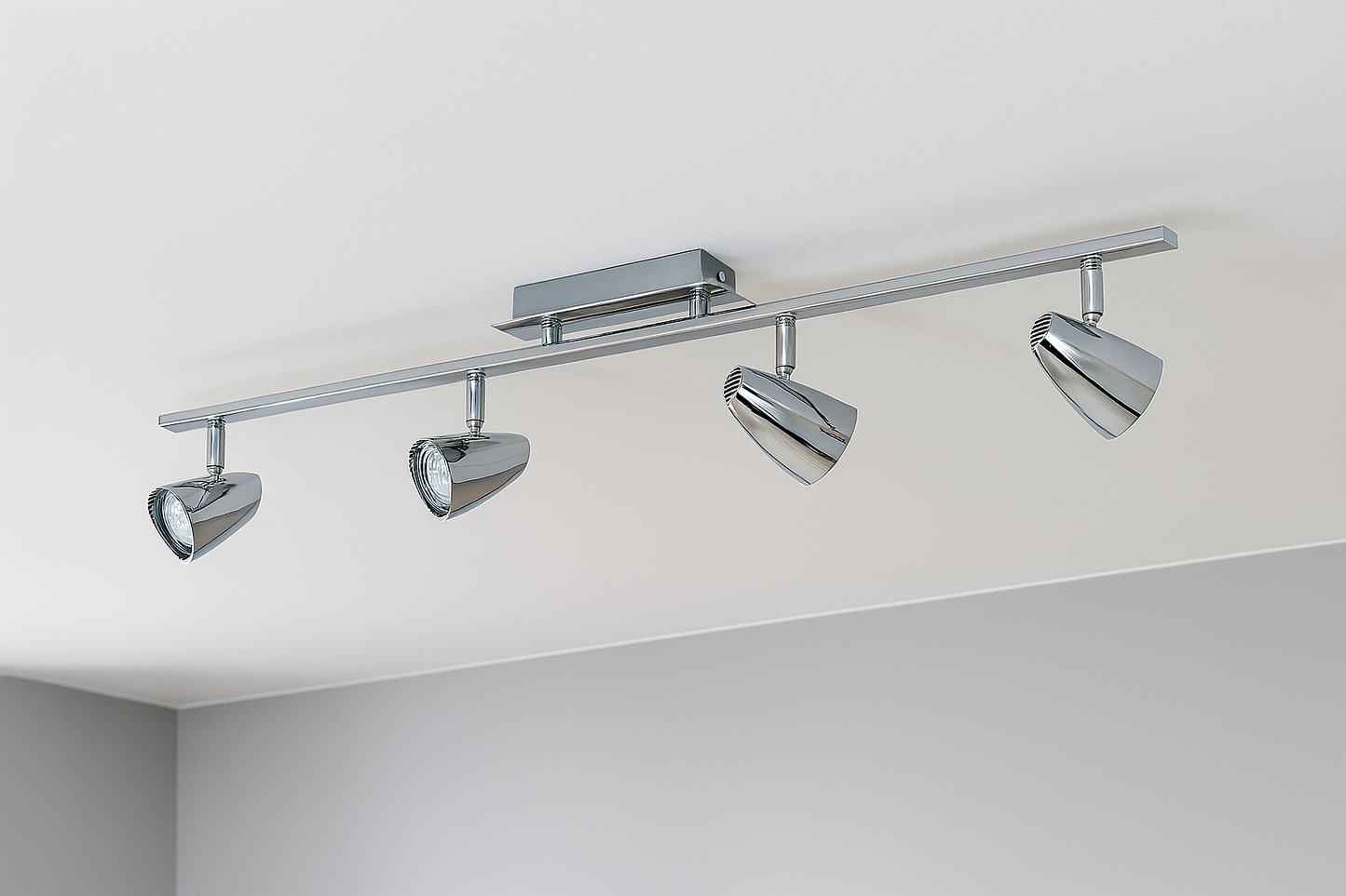 Ansicht einer modernen Deckenlampe mit vier verstellbaren Spotköpfen in eleganter Chromoptik, montiert auf einer rechteckigen Trägerplatte – ideal für Wohnzimmer oder Flur.