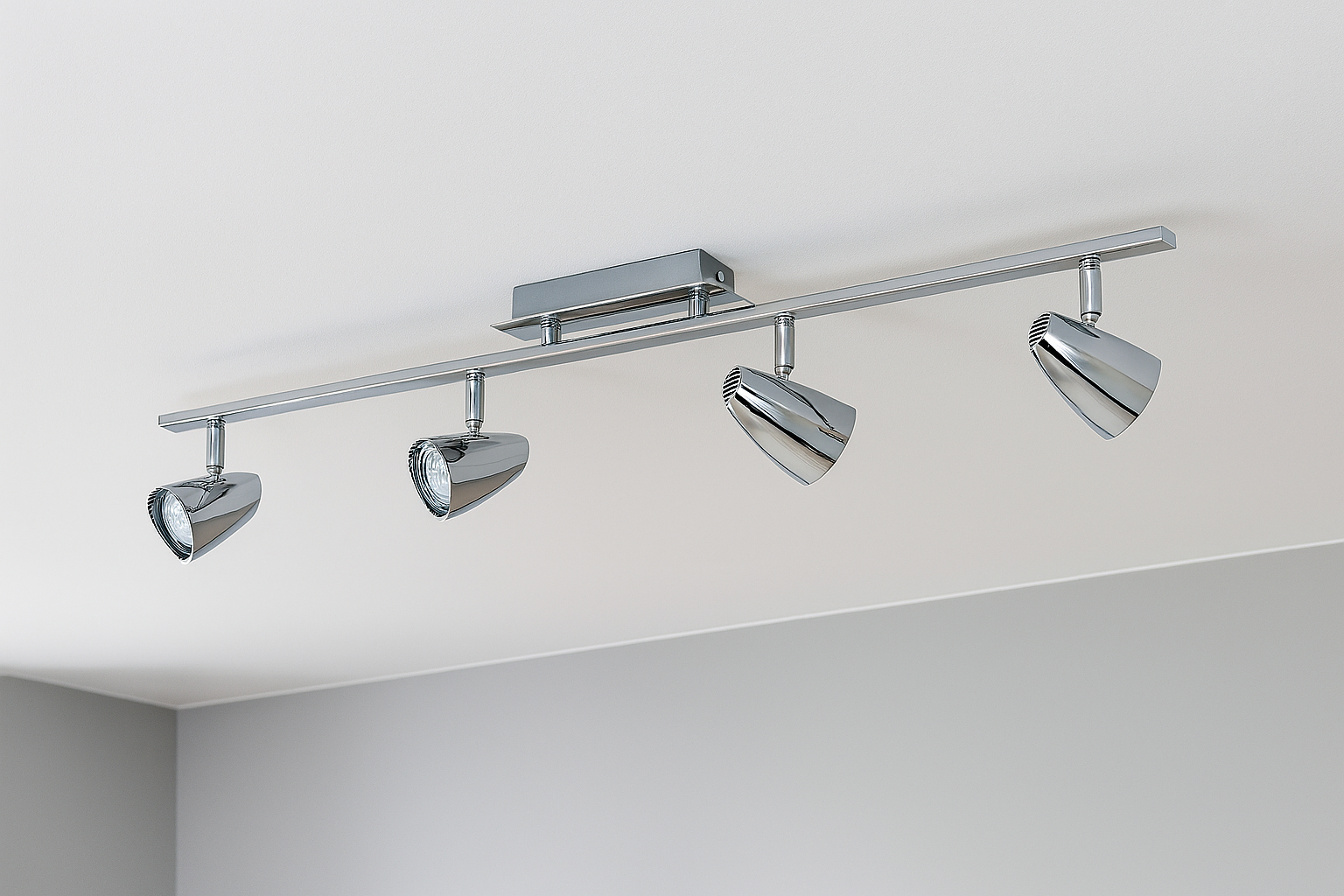 Ansicht einer modernen Deckenlampe mit vier verstellbaren Spotköpfen in eleganter Chromoptik, montiert auf einer rechteckigen Trägerplatte – ideal für Wohnzimmer oder Flur.