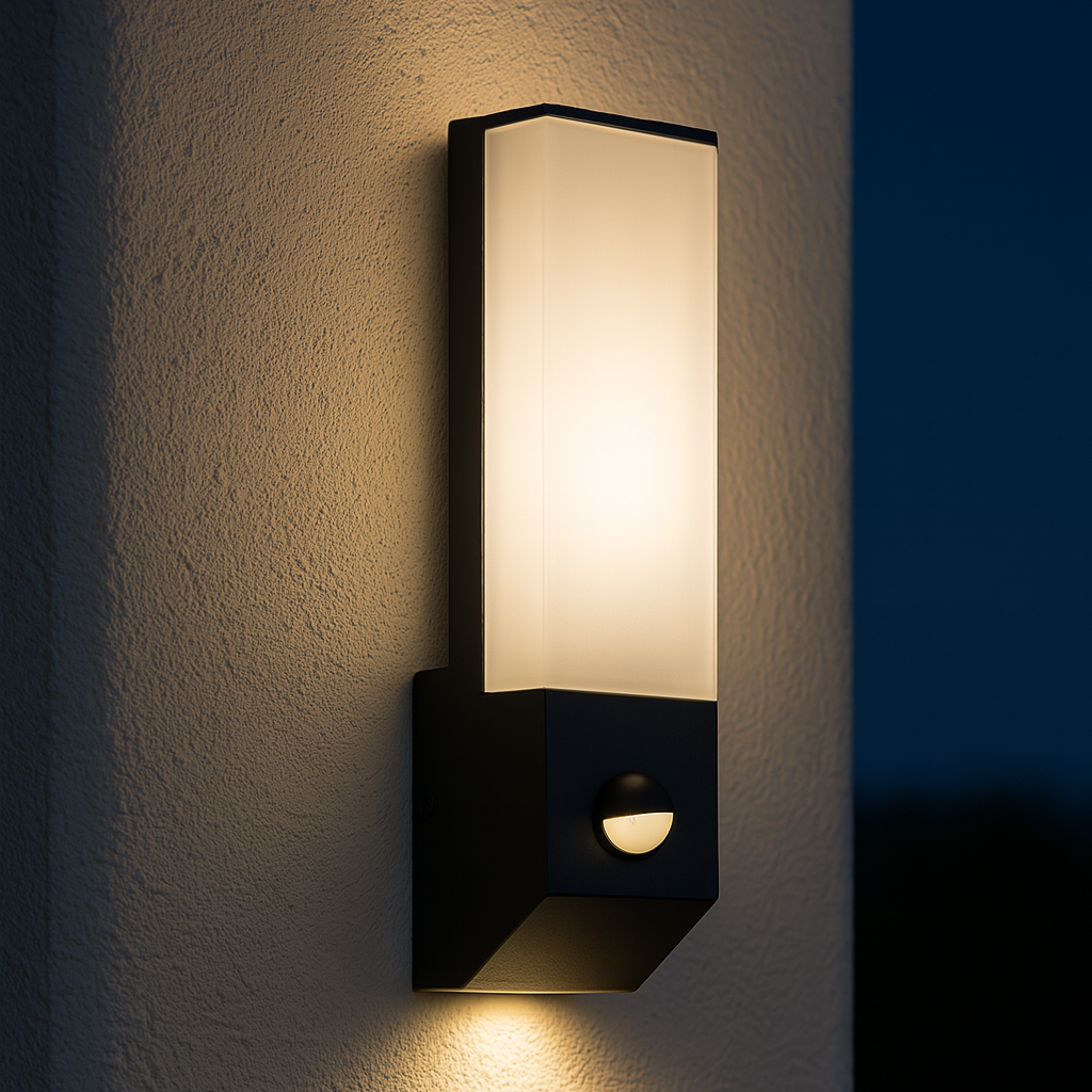 Eine moderne, rechteckige LED-Wandleuchte mit integriertem Bewegungssensor, montiert an einer hellen Hausfassade.