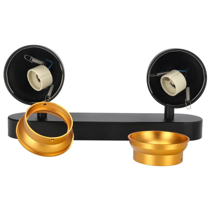 Detailansicht Spotfassung der weißen Deckenleuchte mit sichtbarer Aufnahme und goldfarbenem Innenring