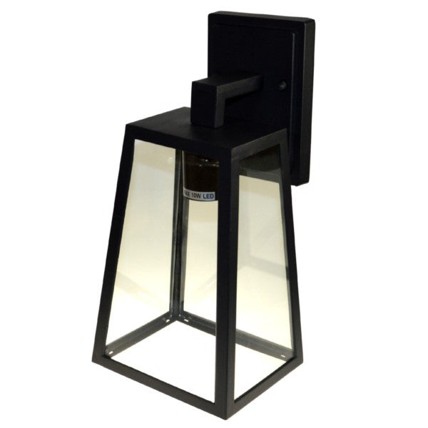 Detailansicht einer schwarzen Außenwandleuchte mit klarem Glasrahmen, ohne eingesetzte Glühbirne – modernes Design im Fokus.