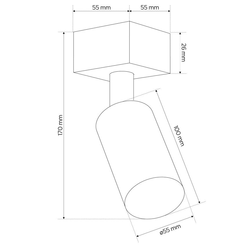 Detaillierte Skizze mit mm Angaben des Deckenstrahlers in weiß.