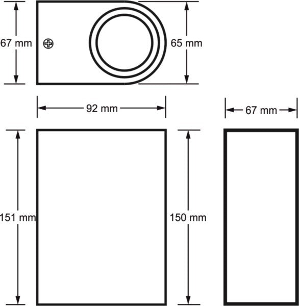 Technische Zeichnung der modernen Außenleuchte mit Maßangaben und Montagepunkten.