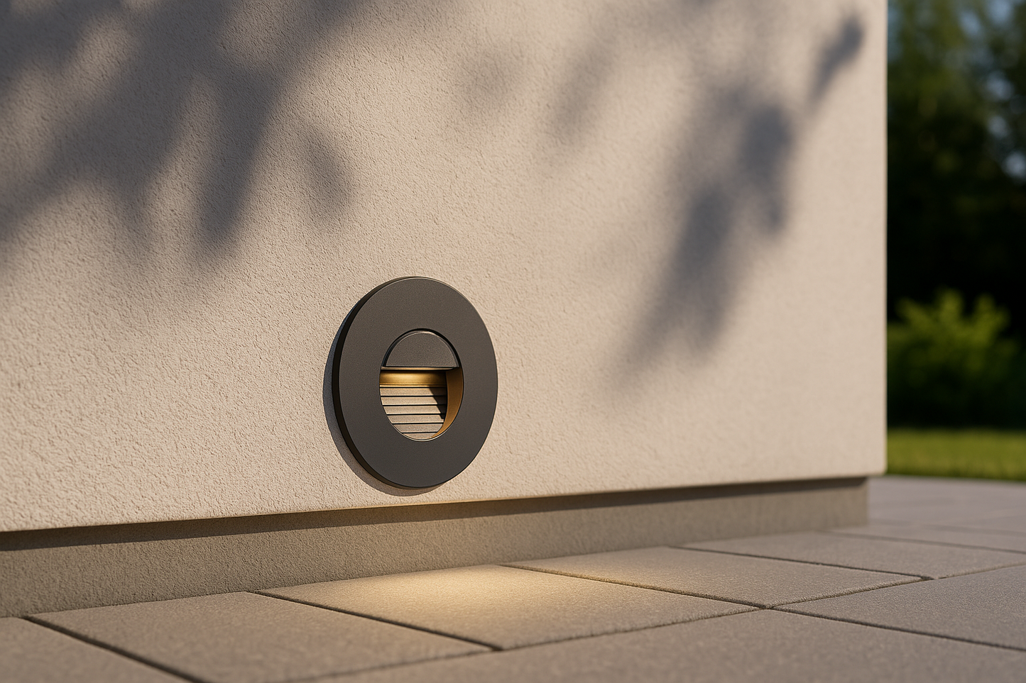 Runde Wandleuchte außen an einer Hausfassade LED Anthrazit