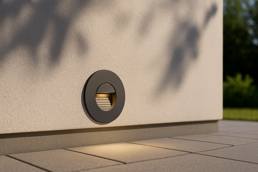 Runde Wandleuchte außen an einer Hausfassade LED Anthrazit