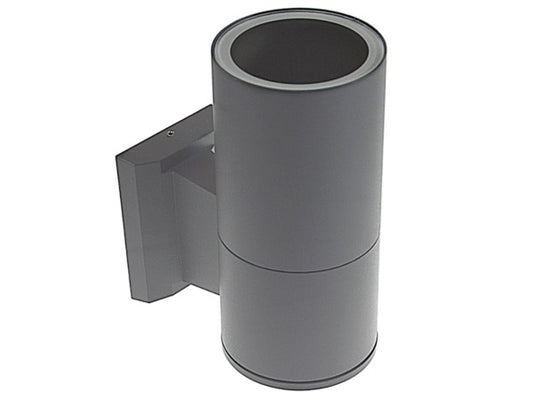 Nahaufnahme einer modernen grauen Außenwandleuchte in zylindrischer Form mit GU10-Fassung.