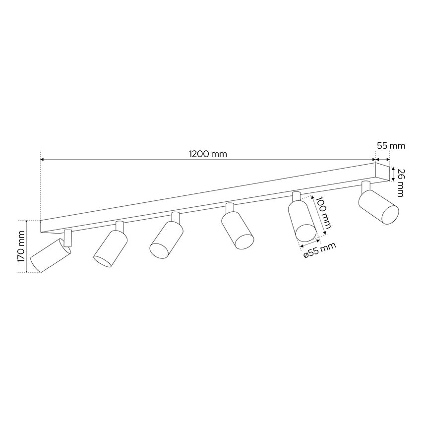 Zeichnung mit Maßangaben in mm der weißen Deckenleuchte mit 6 Lichtspots