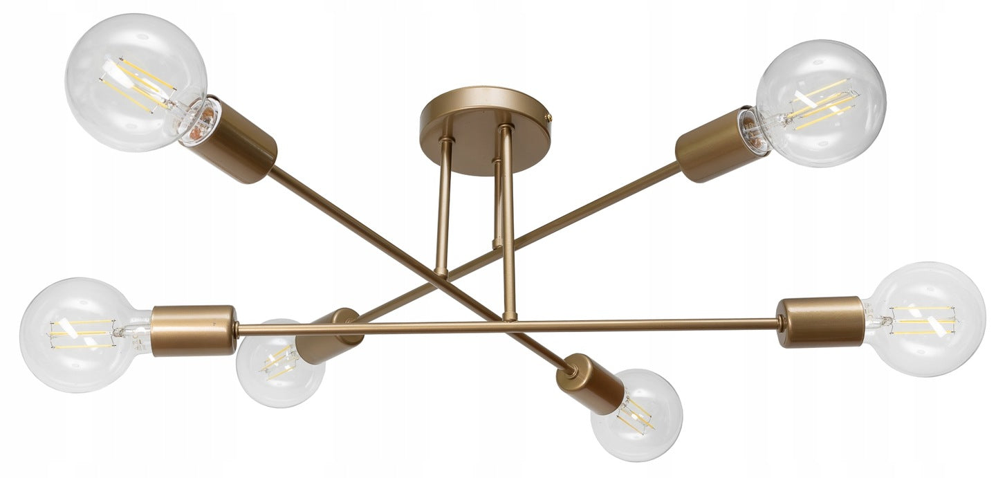 Stilvolle 6-flammige Deckenlampe in dunklem Gold mit E27-Fassungen, montiert an weißer Zimmerdecke.