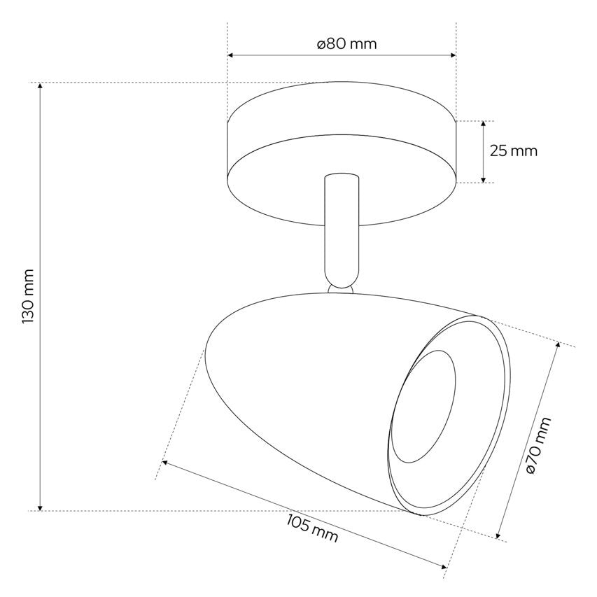 Technische Zeichnung der Deckenleuchte mit Abmessungen und Winkelangaben