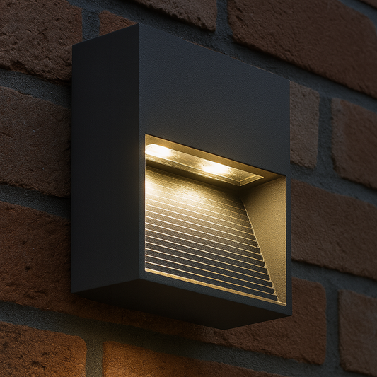 Graue LED Außenwandleuchte mit indirektem Lichtaustritt nach unten an Fassade montiert