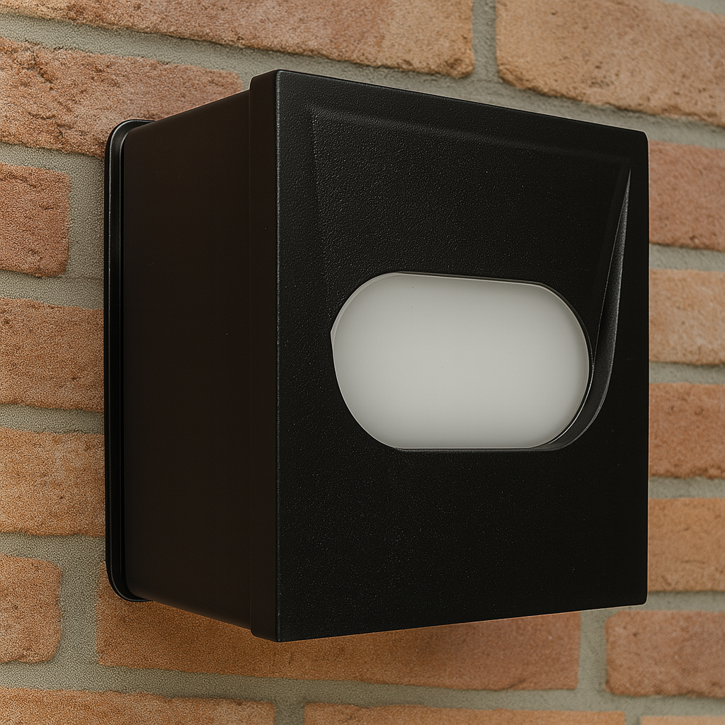 Eckige schwarze LED Außenwandleuchte mit ovalem Lichtfenster an roter Ziegelfassade montiert