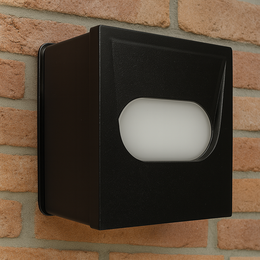 Eckige schwarze LED Außenwandleuchte mit ovalem Lichtfenster an roter Ziegelfassade montiert