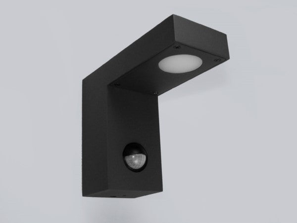 Moderne schwarze LED Außenwandleuchte in L-Form mit Bewegungssensor