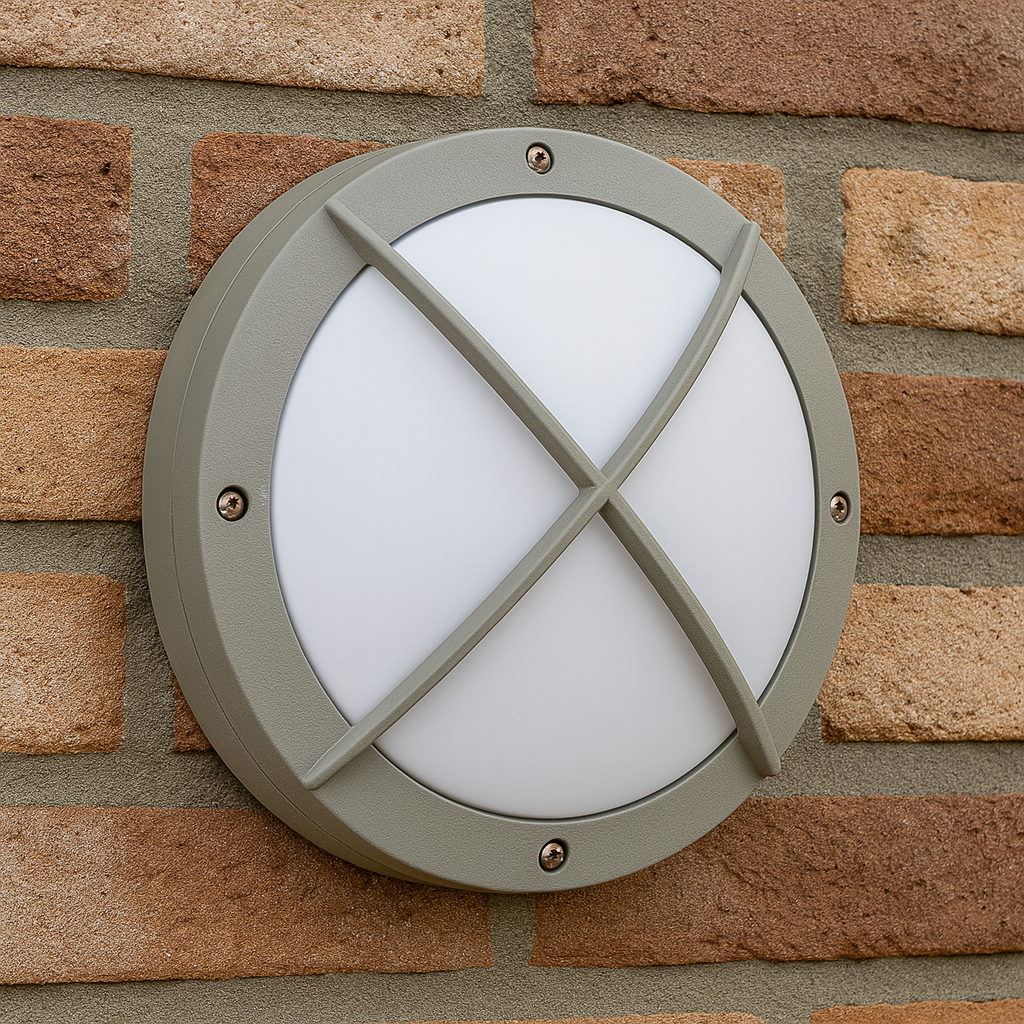 Runde Außenwandleuchte mit grauem Kreuzgitter an einer roten Backsteinfassade montiert