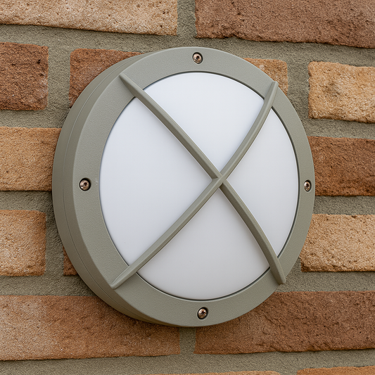 Runde Außenwandleuchte mit grauem Kreuzgitter an einer roten Backsteinfassade montiert