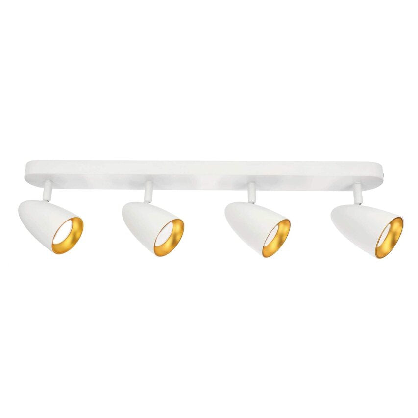 Vierflammige Deckenlampe in Weiß mit goldenen Innenschirmen, modernes Design für Wohnzimmer oder Flur