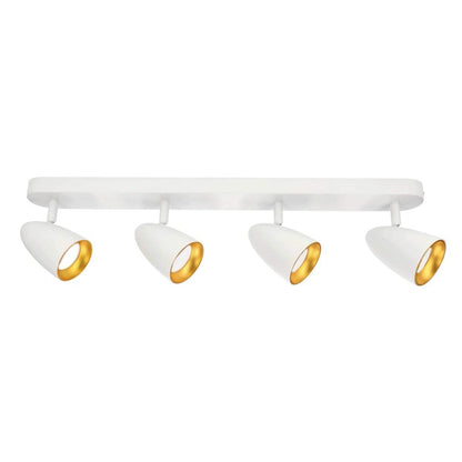 Vierflammige Deckenlampe in Weiß mit goldenen Innenschirmen, modernes Design für Wohnzimmer oder Flur