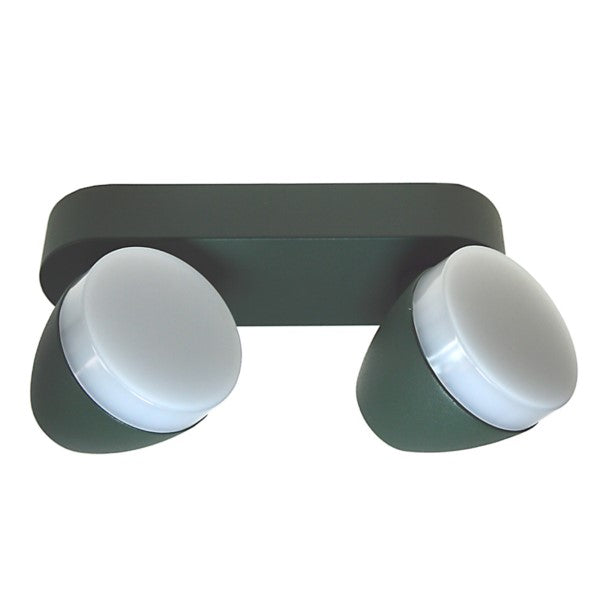 Anthrazitfarbene LED-Wandleuchte mit zwei Spots, montiert an einer Außenwand, spendet gleichmäßiges Licht für Eingangs- und Terrassenbereiche.