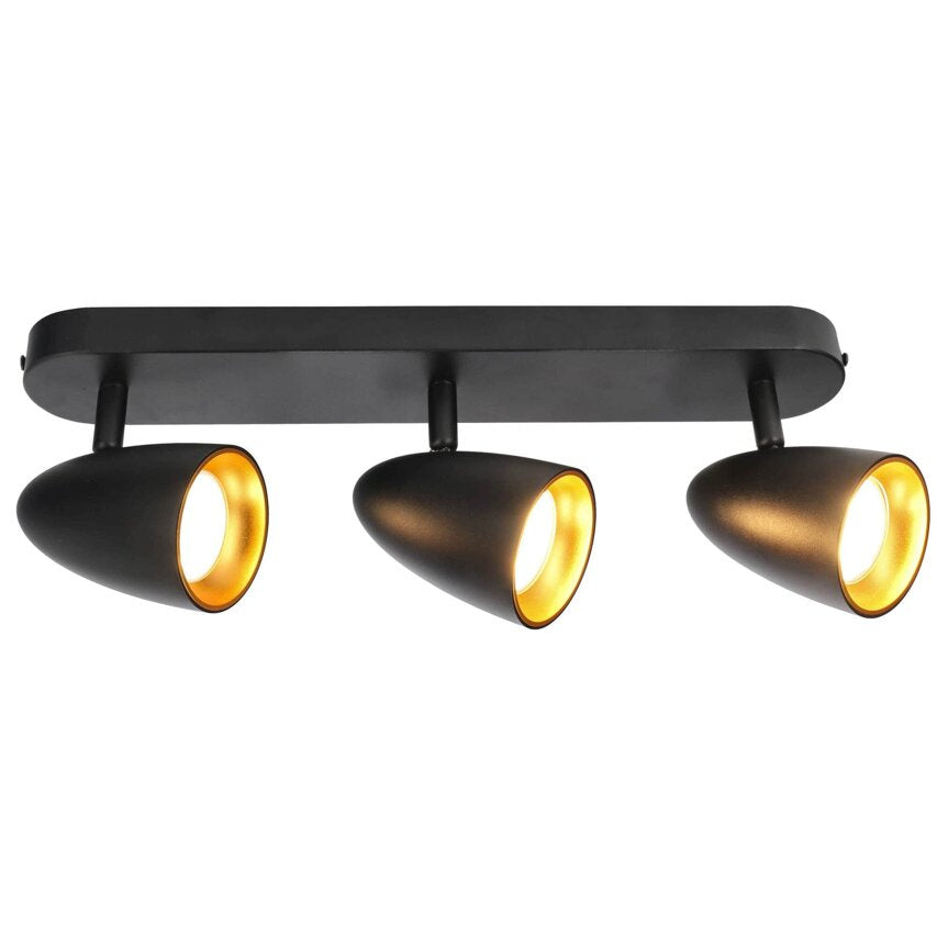 Schwarze Deckenleuchte mit drei drehbaren Strahlern und goldenem Innenring in modernem Design.