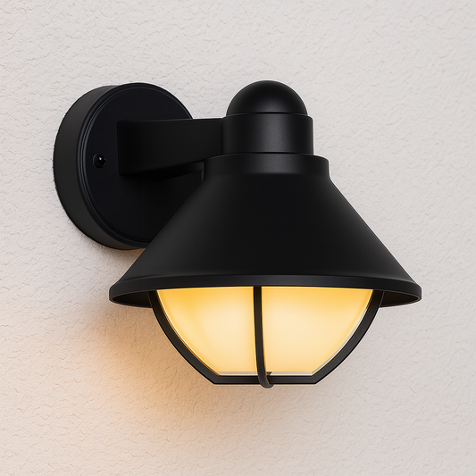Moderne Außenwandleuchte mit LED und Milchglas an einer Wand montiert 