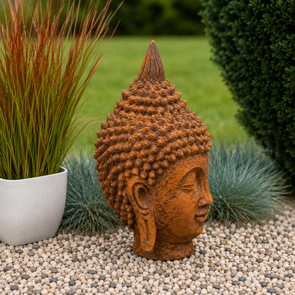 RUSTIGO Shiva-Kopf mit echter Rostpatina – Handveredelte Steinfigur für Garten und Terrasse