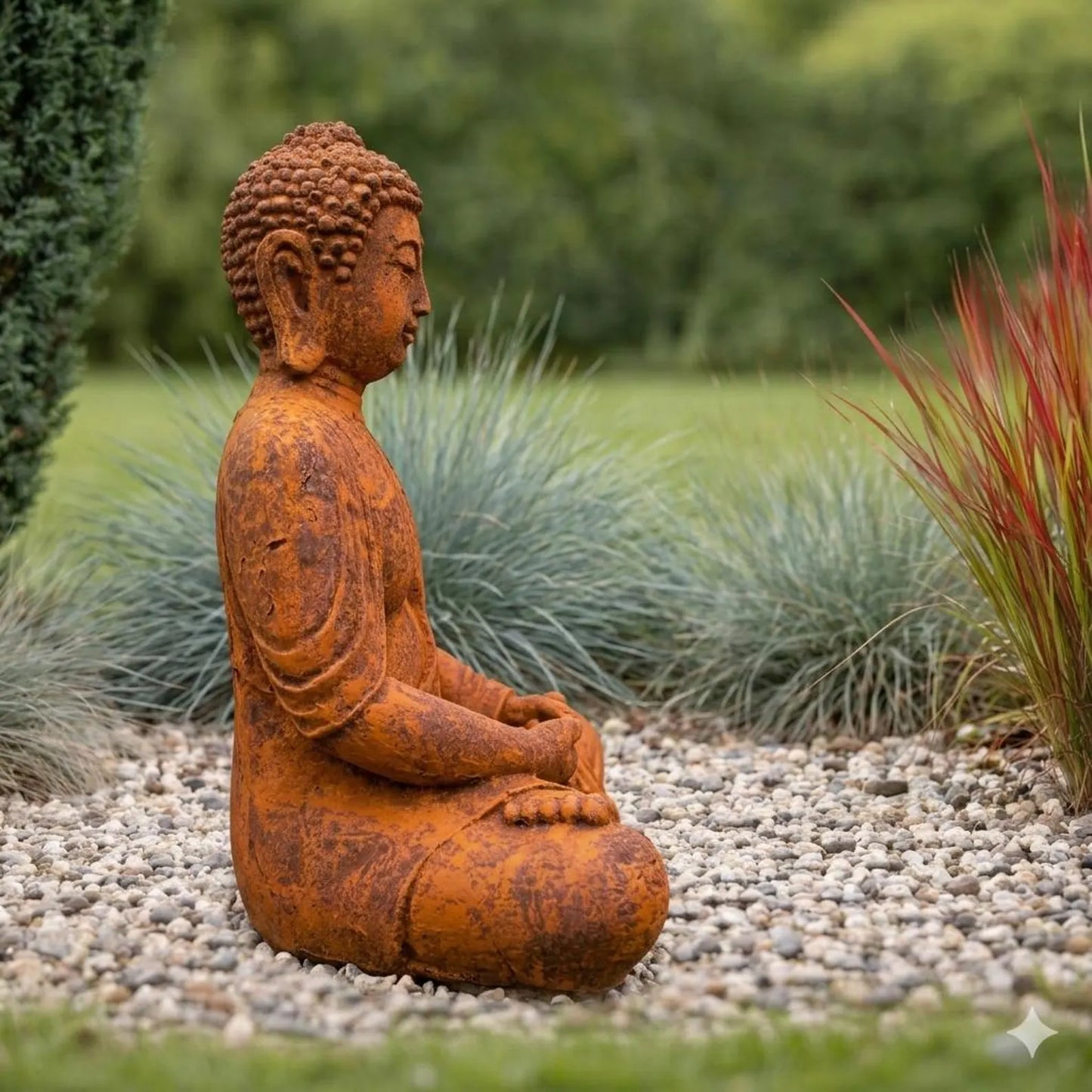 Buddha-Figur mit echter Rostpatina – Handgefertigte Steinguss-Skulptur für Garten & Terrasse