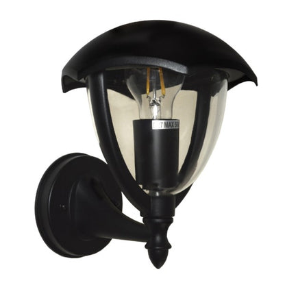 Detailansicht einer stilvollen Außenlampe mit transparenter Glaskuppel und eingesetzter Glühbirne