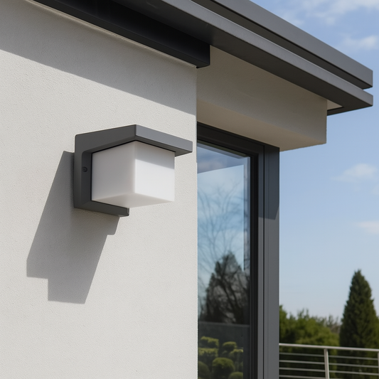 Außenwandleuchte Würfel in Grau an einer Hausfassade 