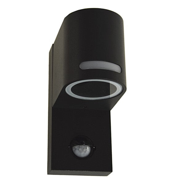  Detailaufnahme einer schwarzen, zylindrischen Außenlampe mit Bewegungserkennung.