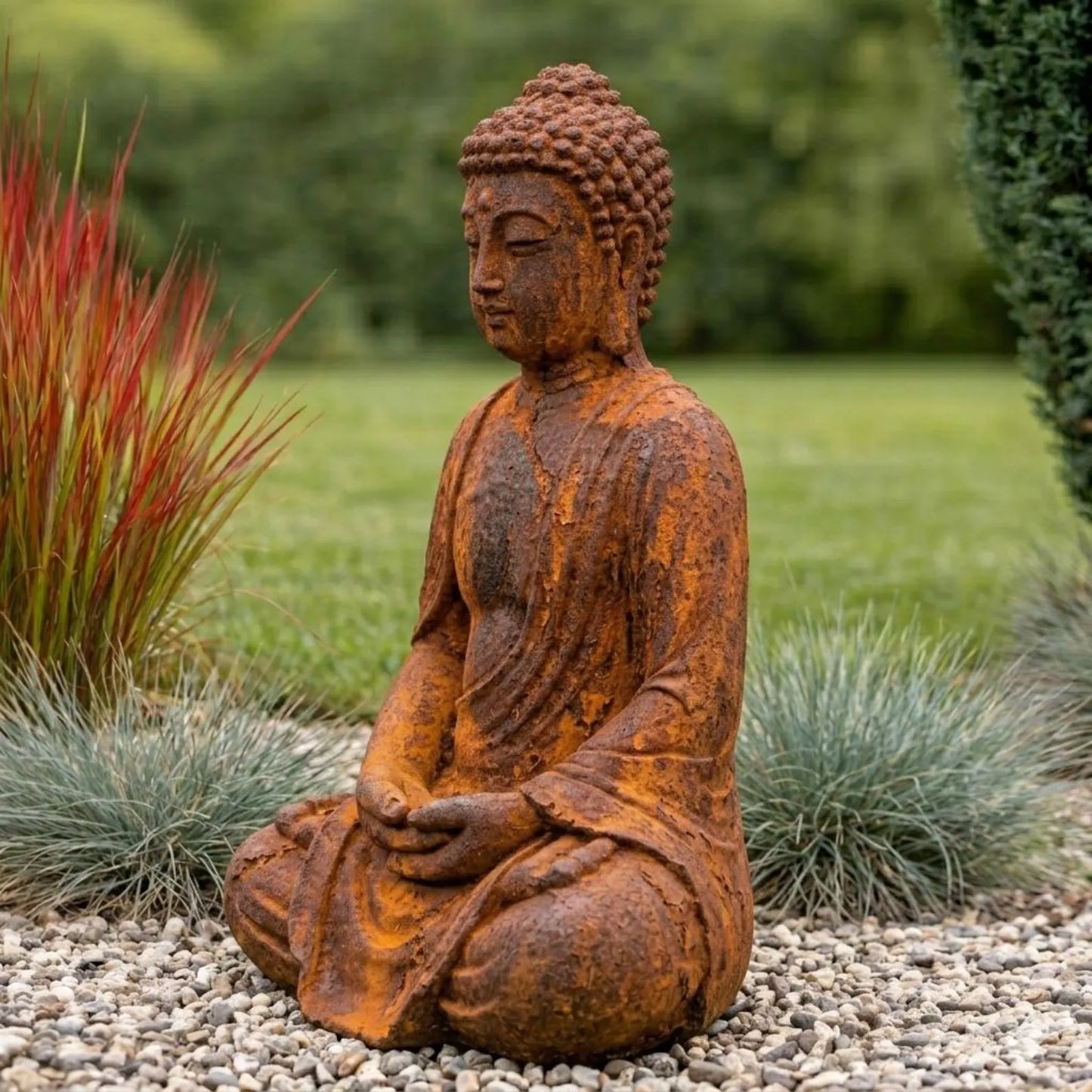 Buddha-Figur mit echter Rostpatina – Handgefertigte Steinguss-Skulptur für Garten & Terrasse