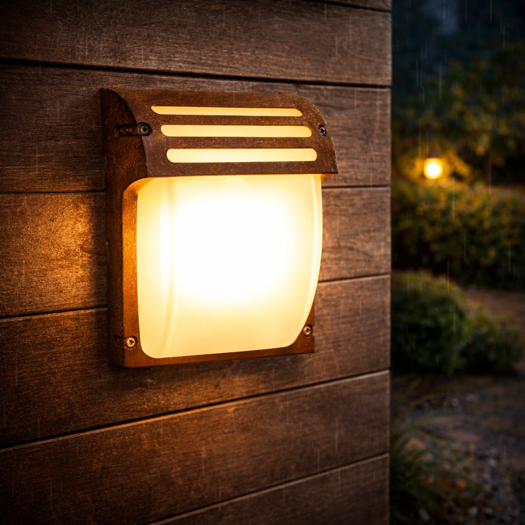 Außenwandleuchte im Edelrost-Design – Metall & Glas, IP44, 230V