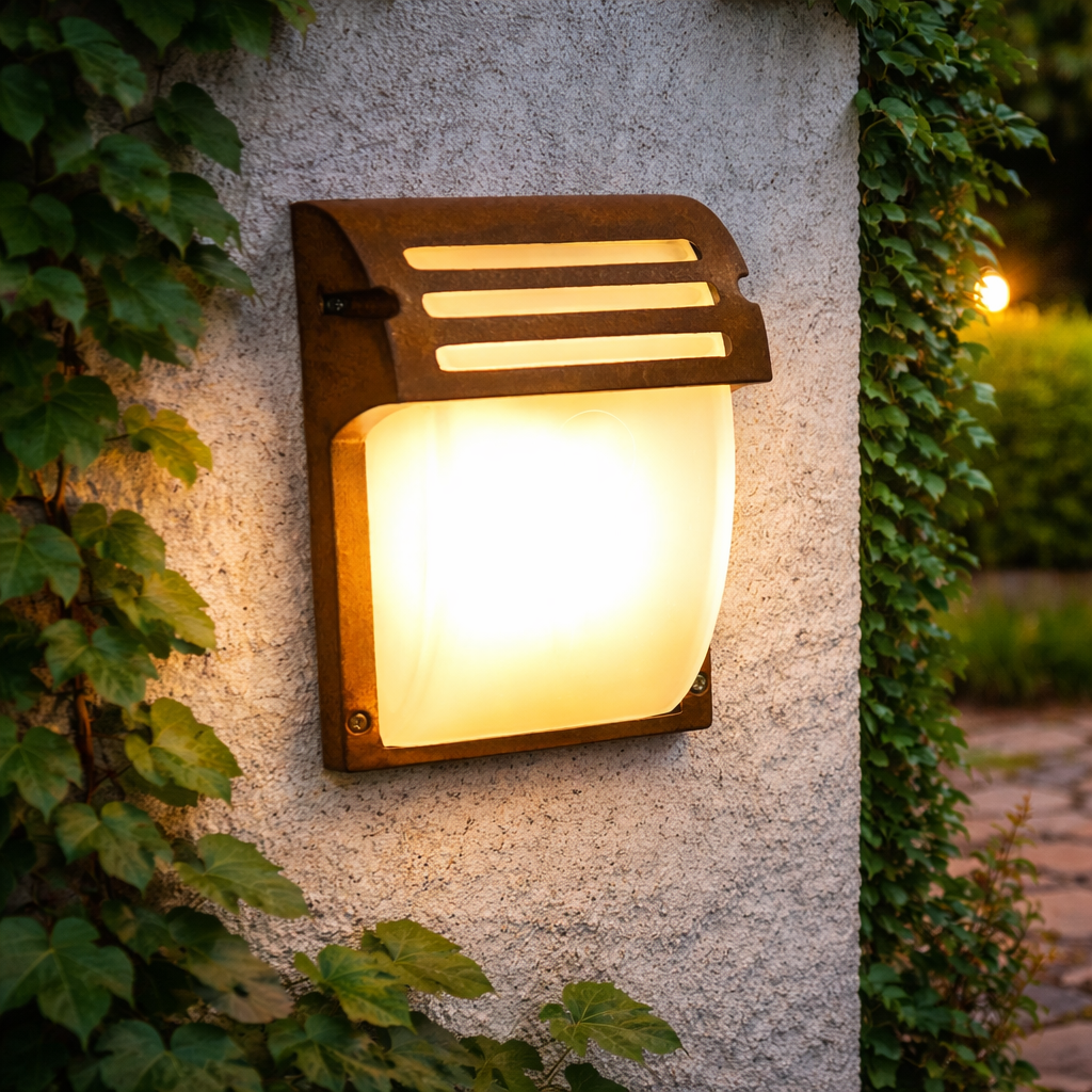 Außenwandleuchte im Edelrost-Design – Metall & Glas, IP44, 230V